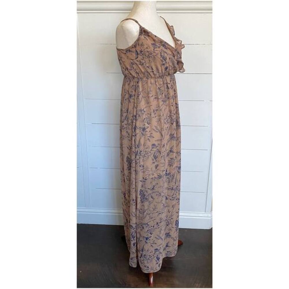 Nordstrom Soprano Brown Tan w/Navy Flowers Sheer Ruffled Flowy Dress XS NWT - Picture 2 of 10